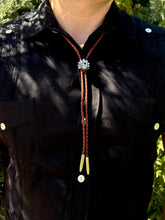 Load image into Gallery viewer, Quetzalcoatl Bolo Tie Sterling Silver and Vintage Brown Leather