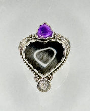 Load image into Gallery viewer, Amor in Full Bloom Silver Sheen Obsidian and Amethyst Ring - Size 8.5