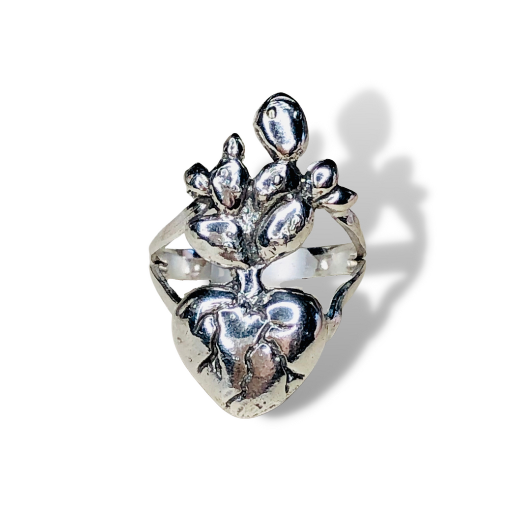 Corazon Madre Cactus and Heart Silver Ring