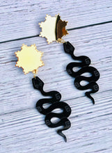 Load image into Gallery viewer, Rising Serpent Black and Gold Acrylic Earrings