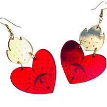 Load image into Gallery viewer, Cosmic Corazones Ruby Red and Gold Acrylic Earrings