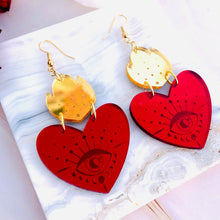 Load image into Gallery viewer, Cosmic Corazones Ruby Red and Gold Acrylic Earrings