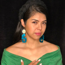 Load image into Gallery viewer, Rebirth Quetzalcoatl Earrings Teal and Gold Acrylic