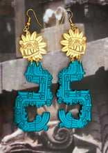 Load image into Gallery viewer, Rebirth Quetzalcoatl Earrings Teal and Gold Acrylic
