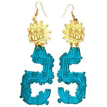 Load image into Gallery viewer, Rebirth Quetzalcoatl Earrings Teal and Gold Acrylic