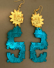Load image into Gallery viewer, Rebirth Quetzalcoatl Earrings Teal and Gold Acrylic