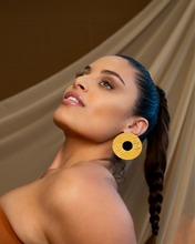Load image into Gallery viewer, Gold Disk Portal Earrings in 24k Gold Plated Bronze

