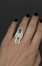 Load image into Gallery viewer, Trifecta Silver Ring Labradorite, Gray Moonstone and Rhodochrosite
