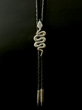 Load image into Gallery viewer, Rising Serpent Bolo Tie Sterling Silver Black Leather
