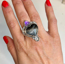 Load image into Gallery viewer, Amor in Full Bloom Silver Sheen Obsidian and Amethyst Ring - Size 8.5
