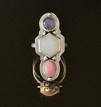 Load image into Gallery viewer, Trifecta Silver Ring Labradorite, Gray Moonstone and Rhodochrosite
