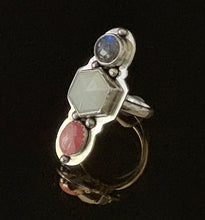 Load image into Gallery viewer, Trifecta Silver Ring Labradorite, Gray Moonstone and Rhodochrosite

