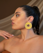 Load image into Gallery viewer, Gold Disk Portal Earrings in 24k Gold Plated Bronze

