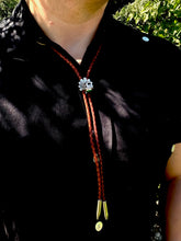 Load image into Gallery viewer, Quetzalcoatl Bolo Tie Sterling Silver and Vintage Brown Leather
