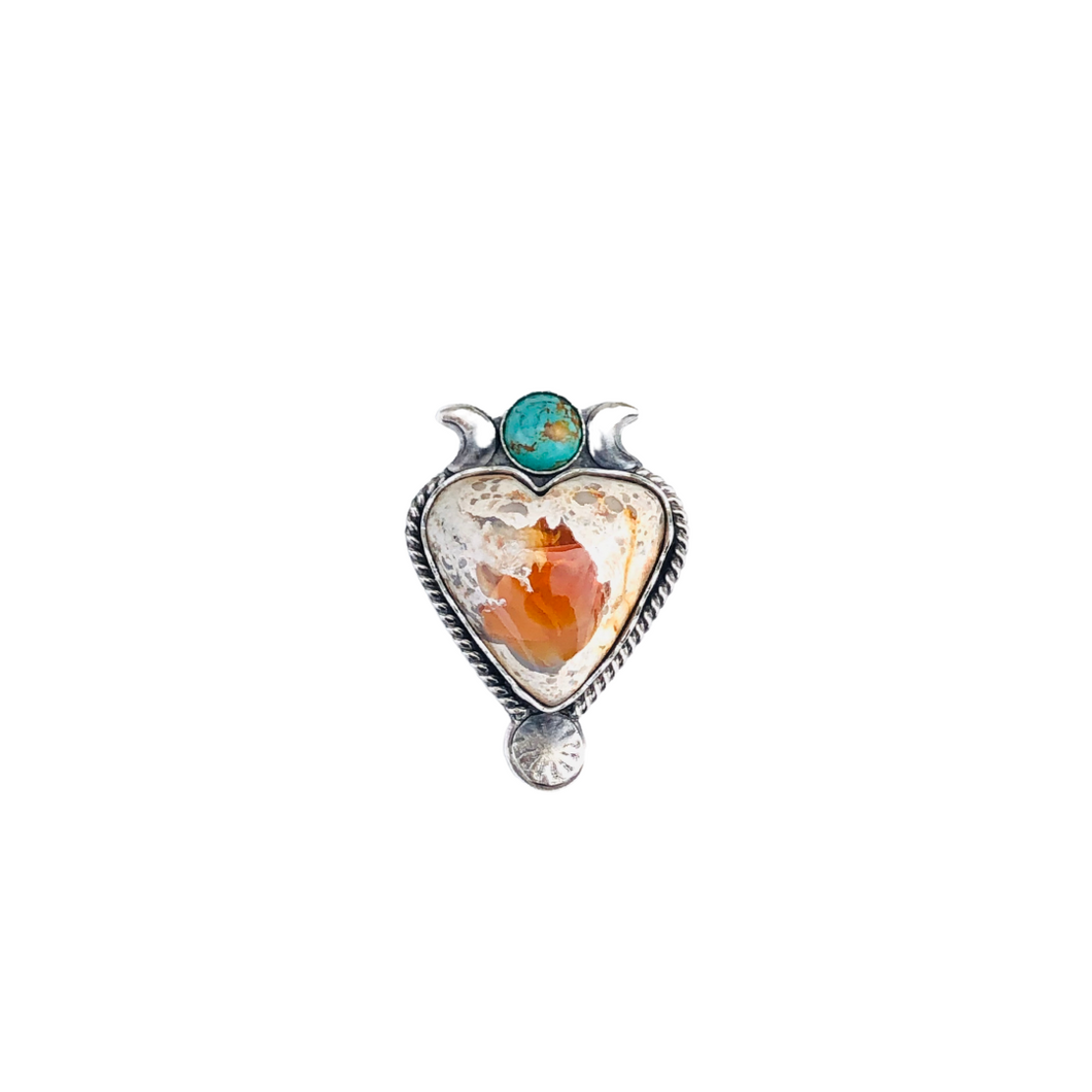 Mexican Fire Opal and Turquoise Cosmic Corazon Ring