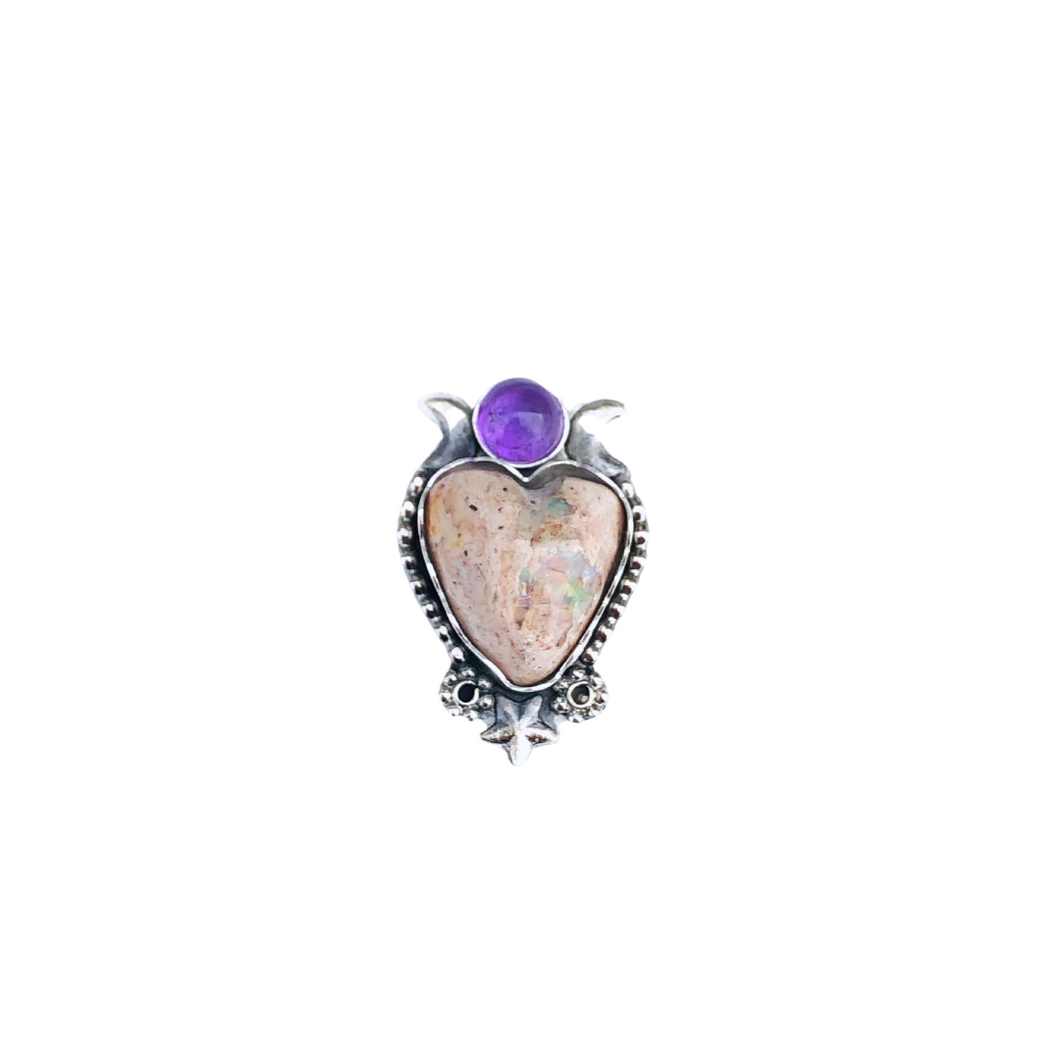 Mexican Fire Opal and Amethyst Cosmic Heart