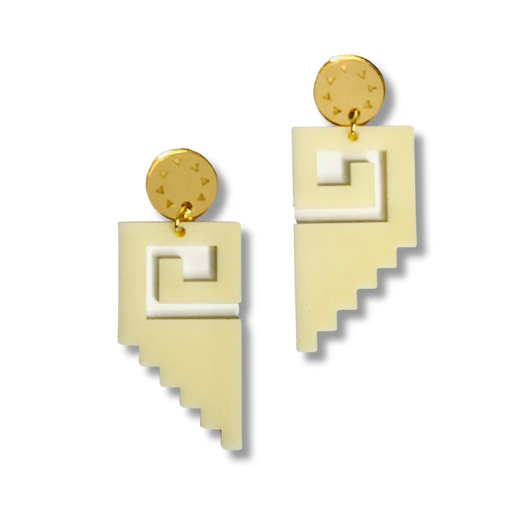 Mitla Mosaic Ivory and Gold Acrylic Earrings