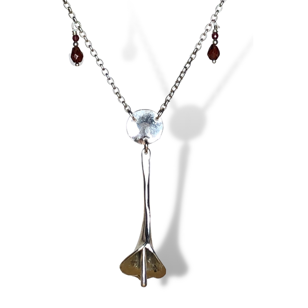 Calla Lily and Garnet Silver Necklace