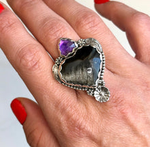 Load image into Gallery viewer, Amor in Full Bloom Silver Sheen Obsidian and Amethyst Ring - Size 8.5
