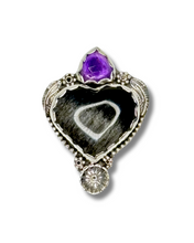 Load image into Gallery viewer, Amor in Full Bloom Silver Sheen Obsidian and Amethyst Ring - Size 8.5
