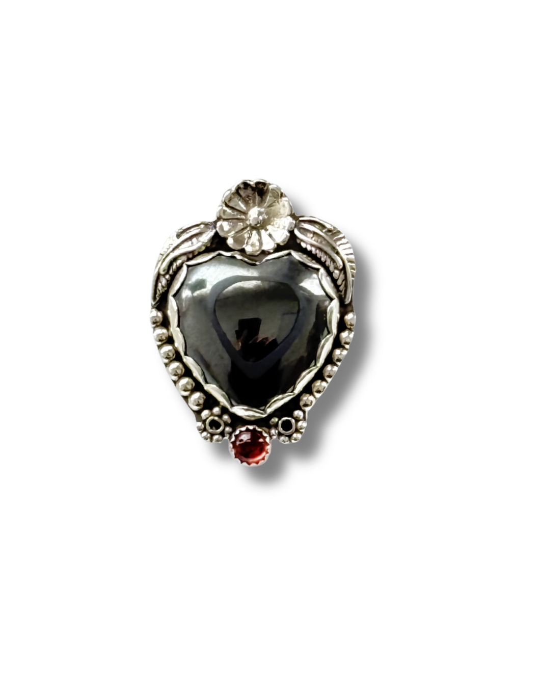 Amorcito Corazon Hematite and Garnet Sterling Silver Ring Size 7