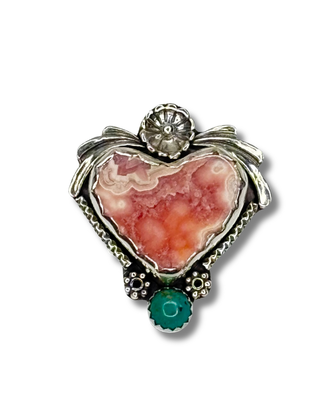 Pink in Love Rhodochrosite and Turquoise Silver Ring - Size 8