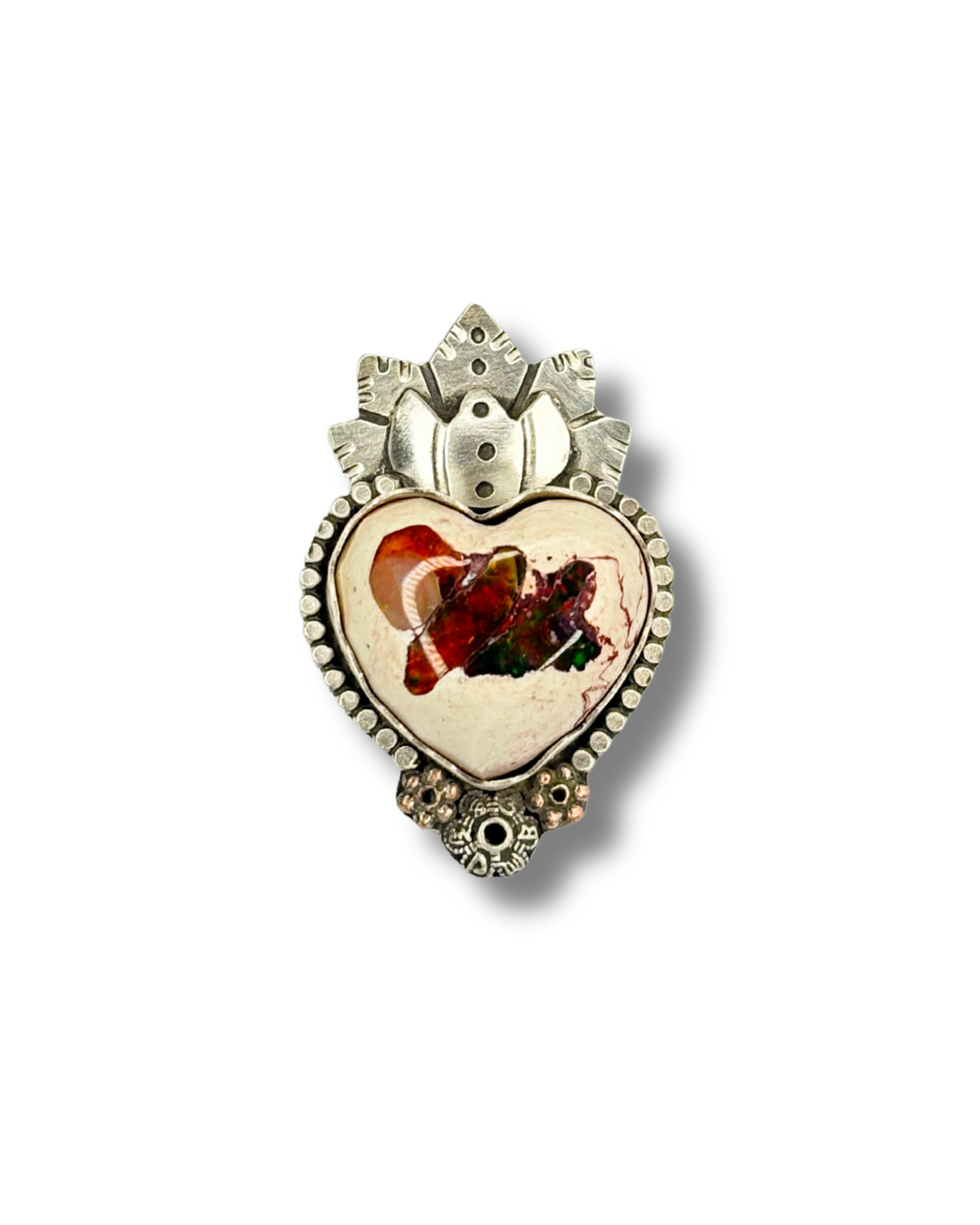 Blooming Lotus 7 Sterling Silver and Mexican Fire Heart Opal
