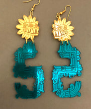 Load image into Gallery viewer, Rebirth Quetzalcoatl Earrings Teal and Gold Acrylic
