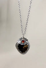 Load image into Gallery viewer, Black and Gold Mohave Turquoise and Garnet Heart Silver Necklace
