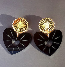 Load image into Gallery viewer, Open Heart and Flower Earrings Black
