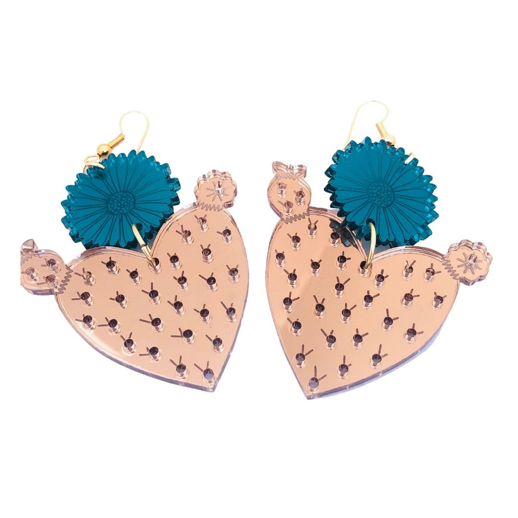 Poderosa Heart Cactus Earrings Bronze and Teal Acrylic
