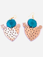Load image into Gallery viewer, Poderosa Heart Cactus Earrings Bronze and Teal Acrylic
