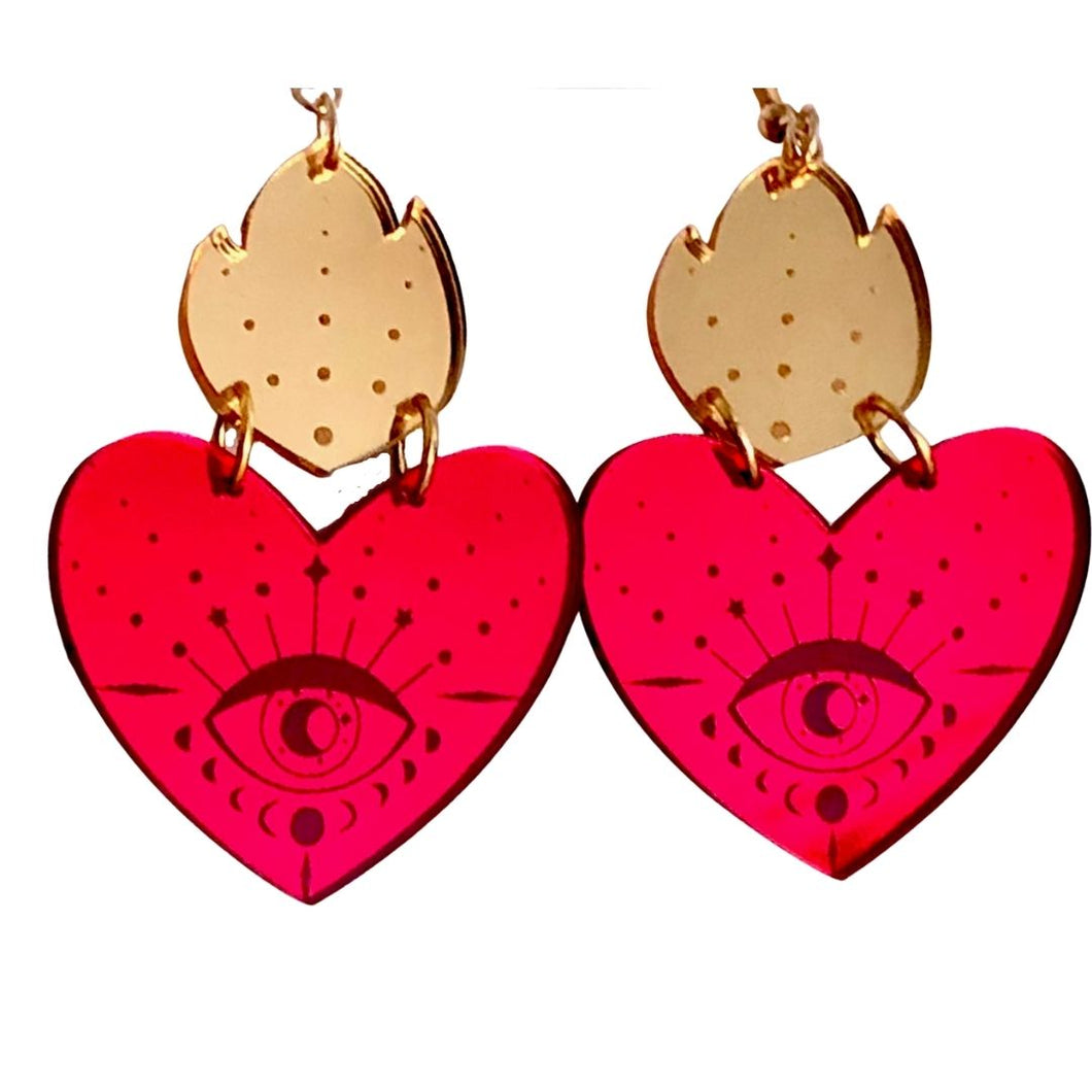 Cosmic Corazones Ruby Red and Gold Acrylic Earrings