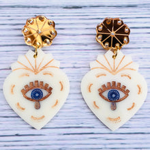 Load image into Gallery viewer, Evil Eye Protection Heart Acrylic Earrings Ivory and Gold
