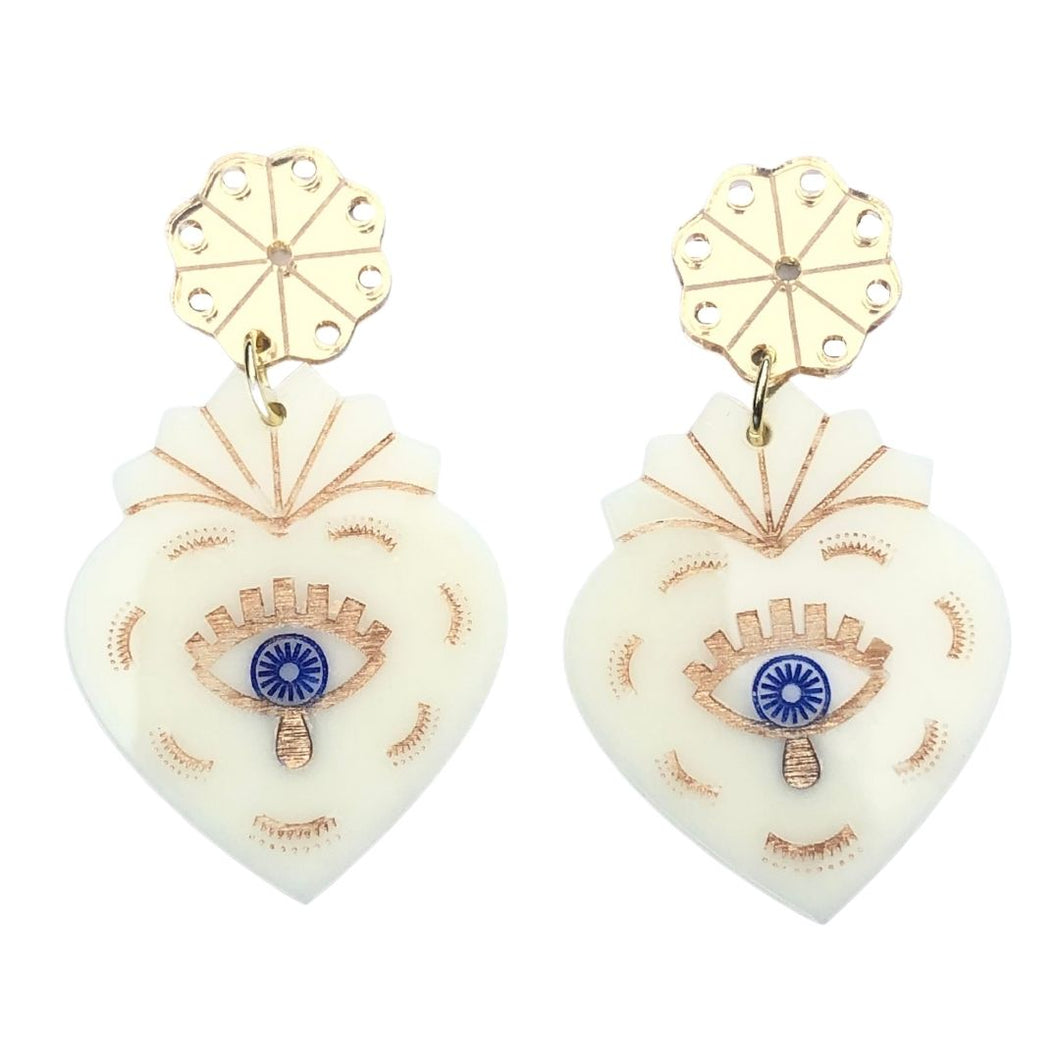 Evil Eye Protection Heart Acrylic Earrings Ivory and Gold