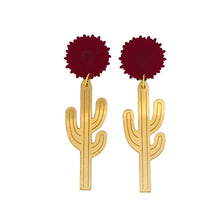 Load image into Gallery viewer, Saguaro and Flower Gold and Red Acrylic Earrings
