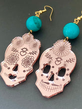Load image into Gallery viewer, Amor Eterno Sugar Skull Rose Gold and Turquoise Acrylic Earrings
