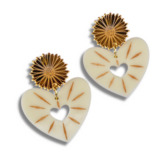 Load image into Gallery viewer, Open Hearts Ivory and Gold Acrylic Hand Painted Earrings
