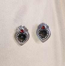 Load image into Gallery viewer, Black Star Sapphire and Garnet Sacred Heart Silver Stud Earrings
