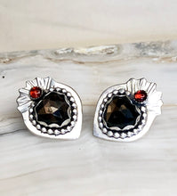 Load image into Gallery viewer, Black Star Sapphire and Garnet Sacred Heart Silver Stud Earrings
