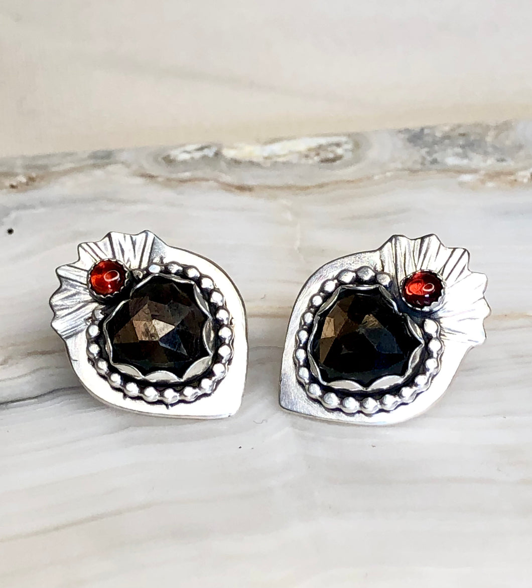 Black Star Sapphire and Garnet Sacred Heart Silver Stud Earrings