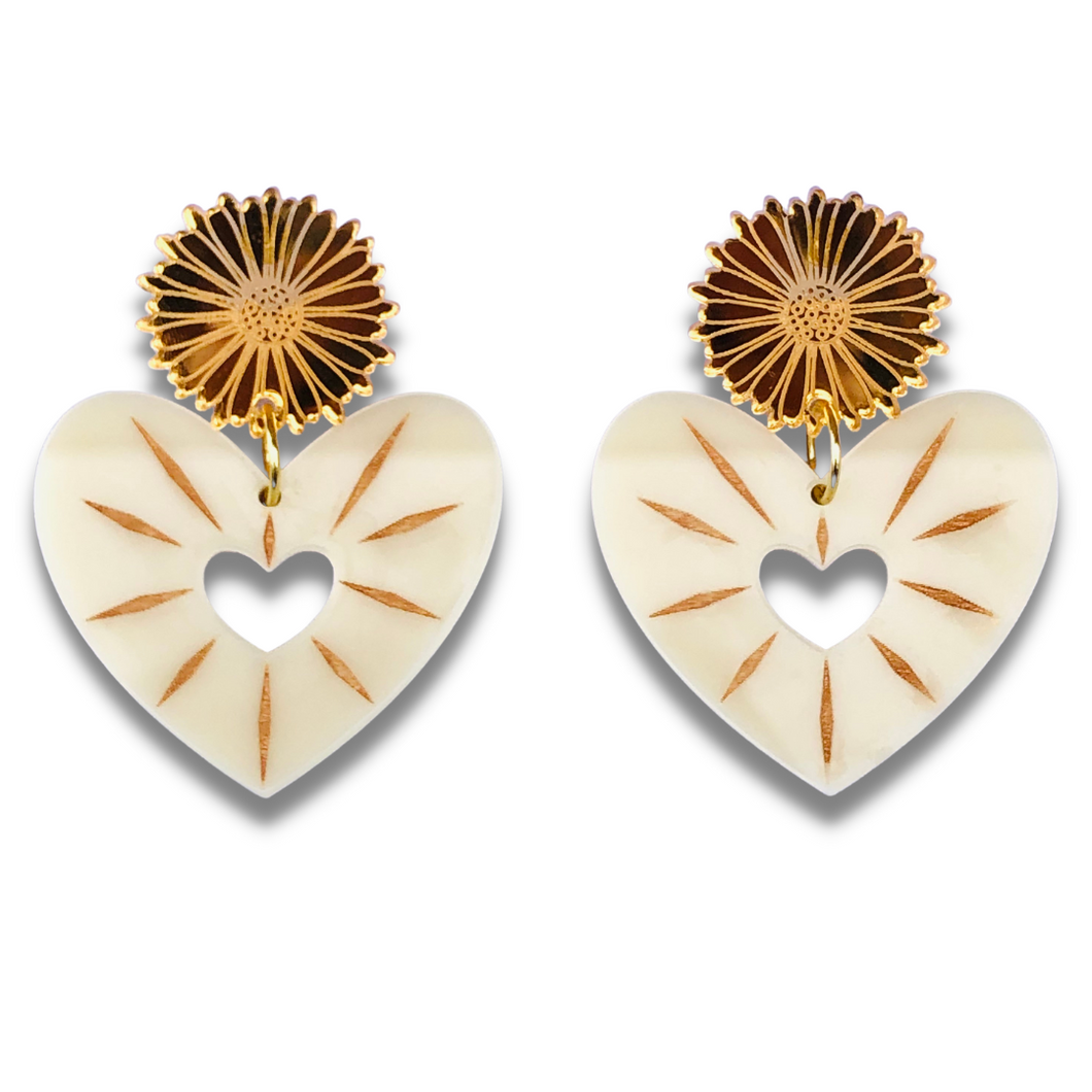 Open Hearts Ivory and Gold Acrylic Hand Painted Earrings
