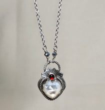 Load image into Gallery viewer, Mother of Pearl and Garnet Sacred Heart Silver Necklace

