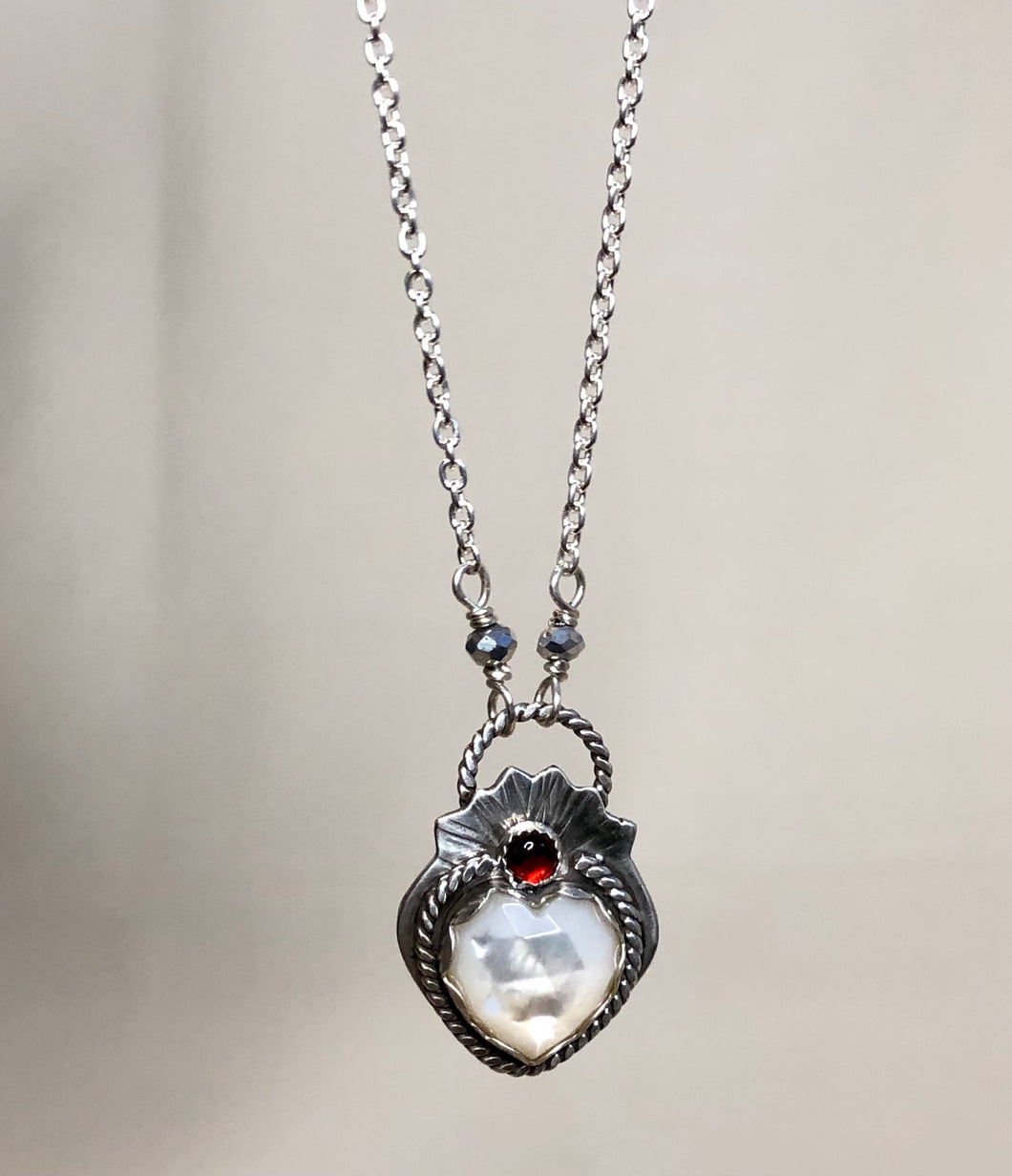 Mother of Pearl and Garnet Sacred Heart Silver Necklace