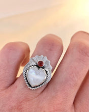Load image into Gallery viewer, Mother of Pearl and Garnet Sacred Heart Silver Ring
