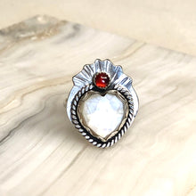 Load image into Gallery viewer, Mother of Pearl and Garnet Sacred Heart Silver Ring

