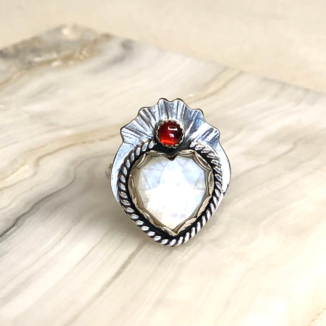 Mother of Pearl and Garnet Sacred Heart Silver Ring