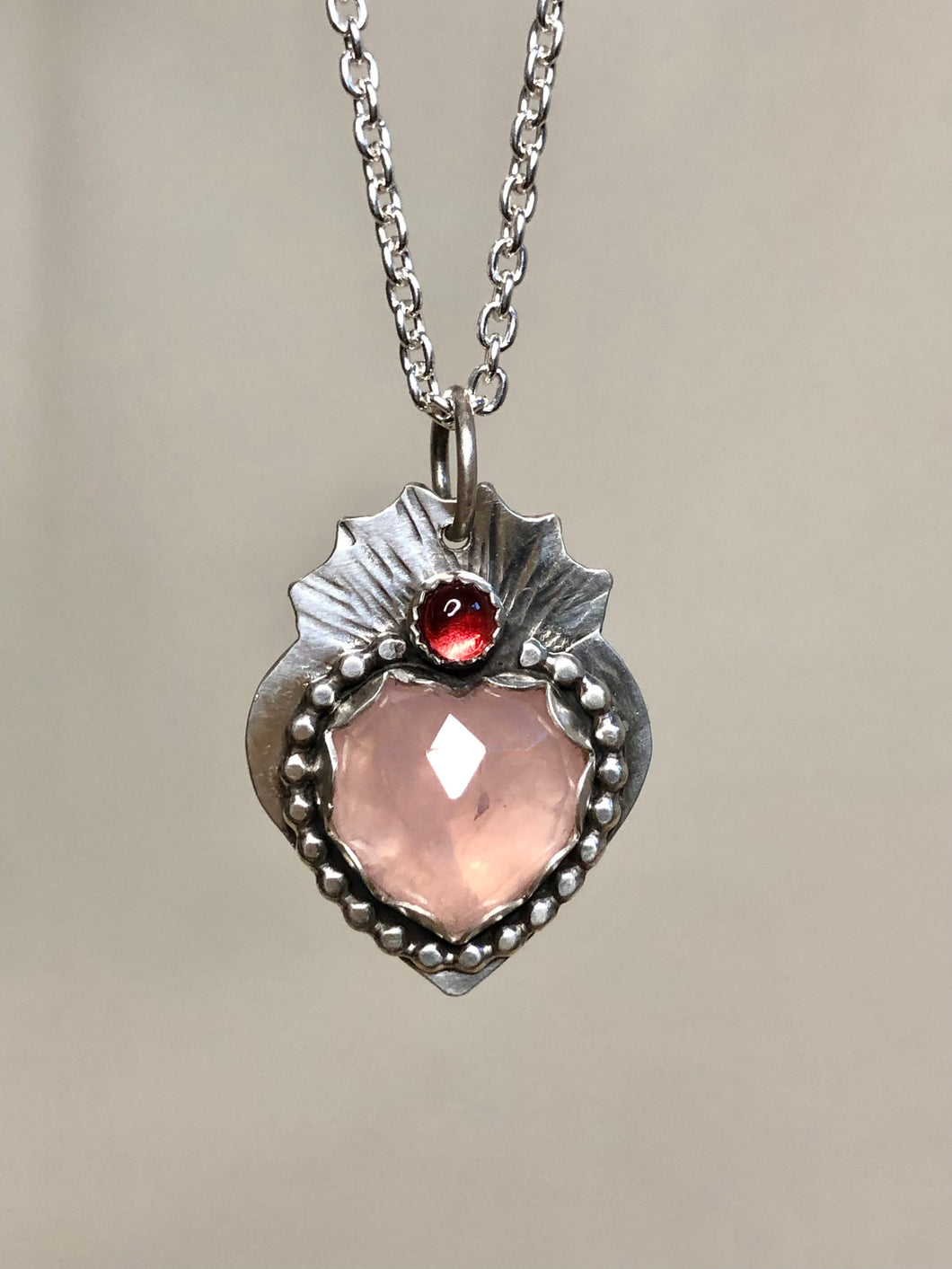 Rose Quartz and Garnet Sacred Heart Silver Necklace