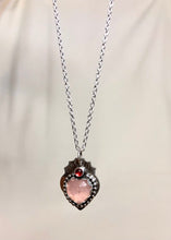 Load image into Gallery viewer, Rose Quartz and Garnet Sacred Heart Silver Necklace
