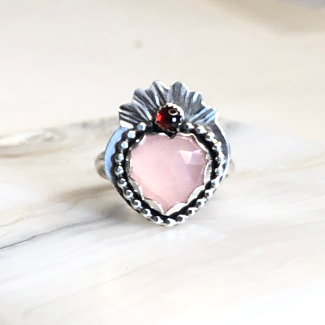 Rose Quartz and Garnet Sacred Heart Silver Ring